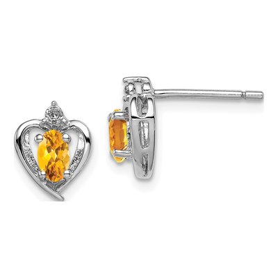 Sterling Silver Oval Citrine & Diamond Heart Stud Earrings