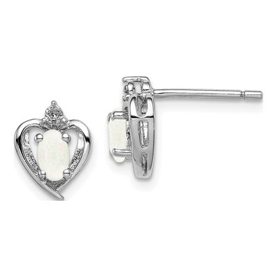 Sterling Silver Oval Opal & Diamond Heart Stud Earrings