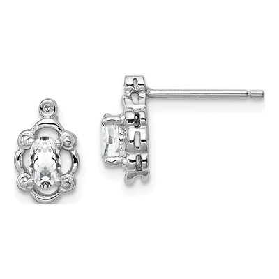 Sterling Silver Oval White Topaz & Diamond Stud Earrings