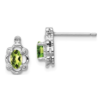 Sterling Silver Oval Peridot & Diamond Button Stud Earrings
