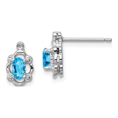 Sterling Silver Oval Swiss Blue Topaz & Diamond Stud Earrings