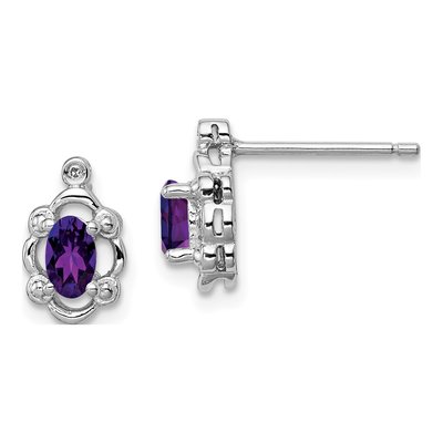 Sterling Silver Oval Amethyst & Diamond Girls' Stud Earrings