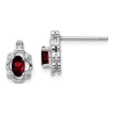 Sterling Silver Oval Garnet & Diamond Girls' Stud Earrings
