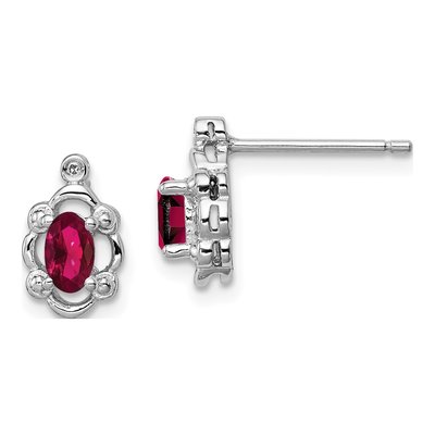 Sterling Silver Oval Lab-Created Ruby & Diamond Stud Earrings