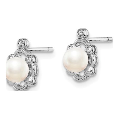 Sterling Silver Round Freshwater Cultured Pearl & Diamond Stud Earrings – view 2