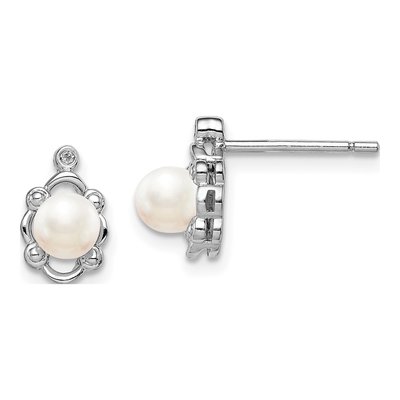 Sterling Silver Round Freshwater Cultured Pearl & Diamond Stud Earrings