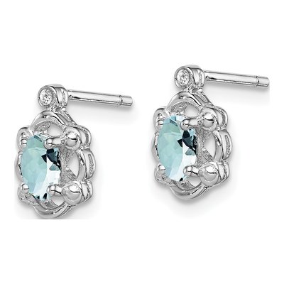 Sterling Silver Oval Aquamarine & Diamond Girls' Stud Earrings – view 3