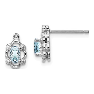 Sterling Silver Oval Aquamarine & Diamond Girls' Stud Earrings