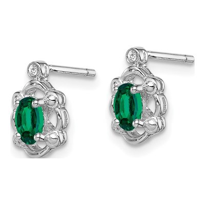 Sterling Silver Oval Lab-Created Emerald & Diamond Girls' Stud Earrings – view 3