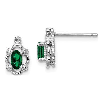Sterling Silver Oval Lab-Created Emerald & Diamond Girls' Stud Earrings