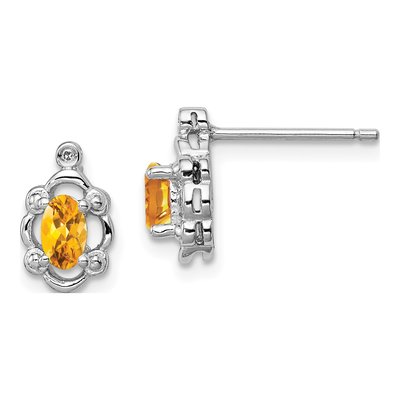 Sterling Silver Oval Citrine & Diamond Button Stud Earrings