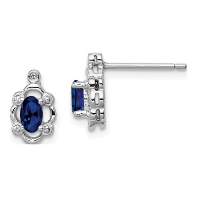 Sterling Silver Oval Lab-Created Sapphire & Diamond Stud Earrings