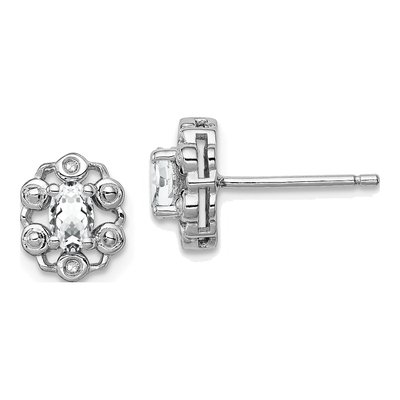Sterling Silver Oval White Topaz & Diamond Button Stud Earrings