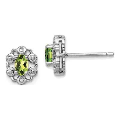 Sterling Silver Oval Peridot & Diamond Button Stud Earrings