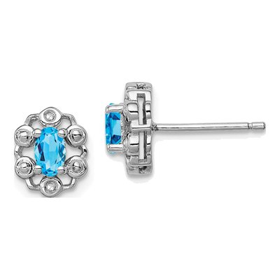 Sterling Silver Oval Swiss Blue Topaz & Diamond Stud Earrings