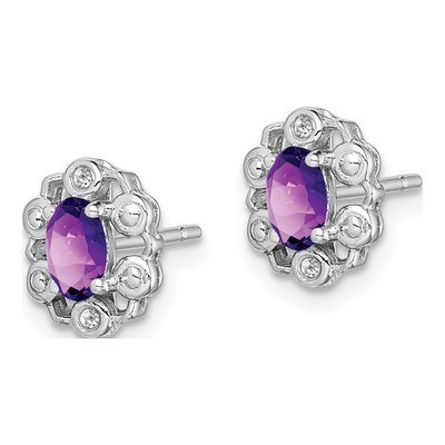 Sterling Silver Oval Amethyst & Diamond Button Stud Earrings – view 3