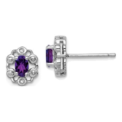 Sterling Silver Oval Amethyst & Diamond Button Stud Earrings