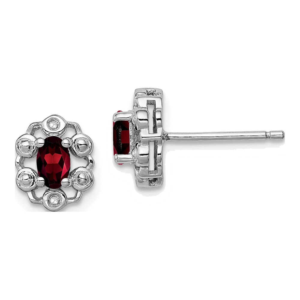 Sterling Silver Oval Garnet & Diamond Birthstone Stud Earrings