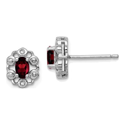 Sterling Silver Oval Garnet & Diamond Birthstone Stud Earrings