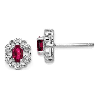 Sterling Silver Oval Lab-Created Ruby & Diamond Stud Earrings