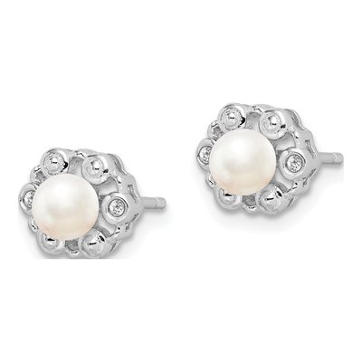 Sterling Silver Round Freshwater Cultured Pearl & Diamond Button Stud Earrings – view 2