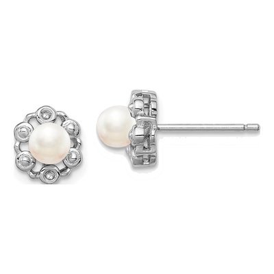 Sterling Silver Round Freshwater Cultured Pearl & Diamond Button Stud Earrings