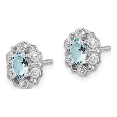 Sterling Silver Oval Aquamarine & Diamond Button Stud Earrings – view 3