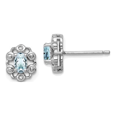 Sterling Silver Oval Aquamarine & Diamond Button Stud Earrings