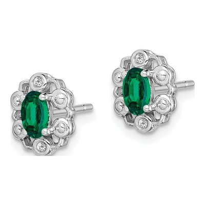 Sterling Silver Oval Lab-Created Emerald & Diamond Stud Earrings – view 3