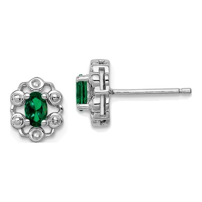 Sterling Silver Oval Lab-Created Emerald & Diamond Stud Earrings