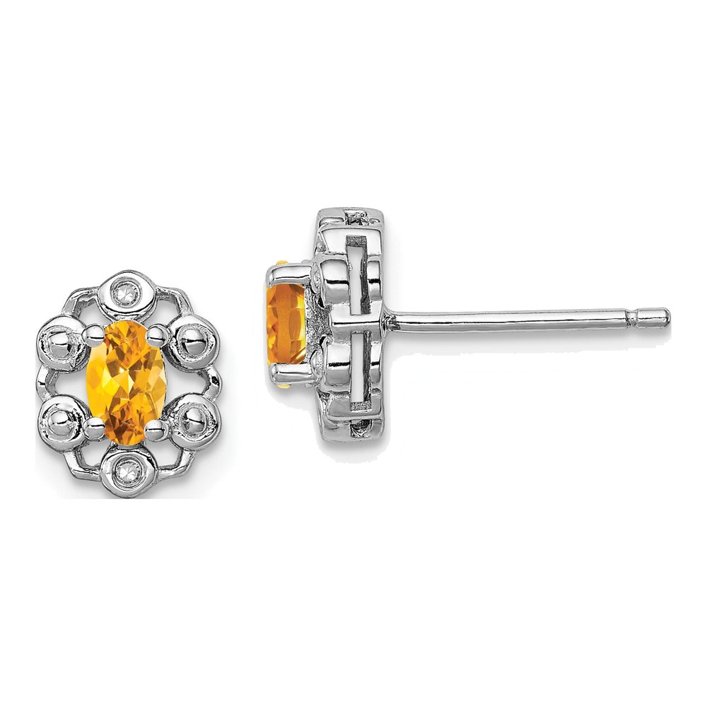 Sterling Silver Oval Citrine & Diamond Button Stud Earrings