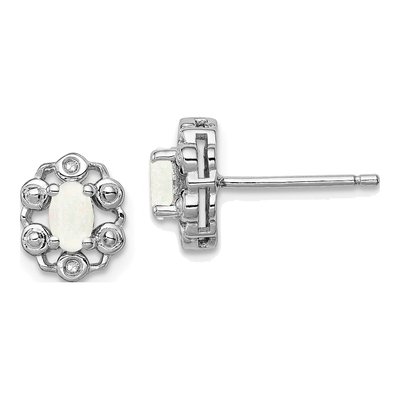 Sterling Silver Oval Lab-Created Opal & Diamond Button Stud Earrings