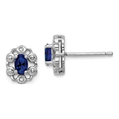 Sterling Silver Oval Lab-Created Sapphire & Diamond Stud Earrings