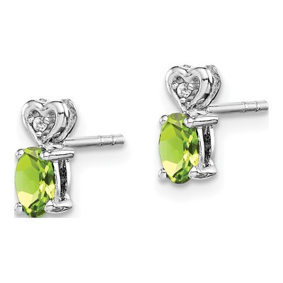 Sterling Silver Oval Peridot & Diamond Heart Stud Earrings – view 3