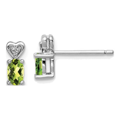 Sterling Silver Oval Peridot & Diamond Heart Stud Earrings