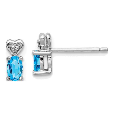 Sterling Silver Oval Swiss Blue Topaz & Diamond Stud Earrings
