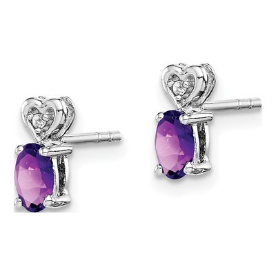 Sterling Silver Oval Amethyst & Diamond Girls' Heart Stud Earrings – view 3