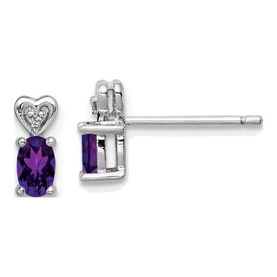 Sterling Silver Oval Amethyst & Diamond Girls' Heart Stud Earrings