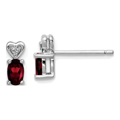 Sterling Silver Oval Garnet & Diamond Girls' Heart Stud Earrings