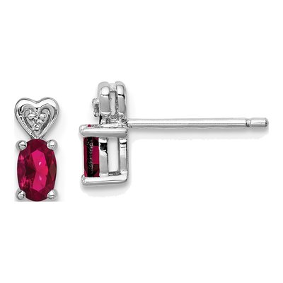 Sterling Silver Oval Lab-Created Ruby & Diamond Heart Stud Earrings