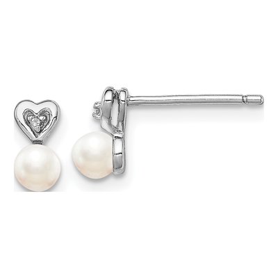 Sterling Silver Round Freshwater Cultured Pearl & Diamond Stud Earrings