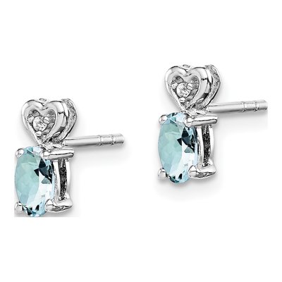 Sterling Silver Oval Aquamarine & Diamond Heart Stud Earrings – view 3
