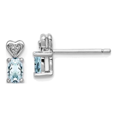 Sterling Silver Oval Aquamarine & Diamond Heart Stud Earrings
