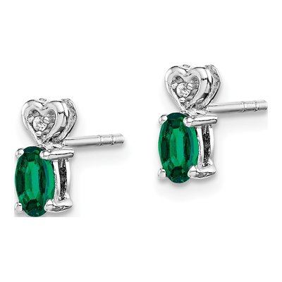 Sterling Silver Oval Lab-Created Emerald & Diamond Girls' Heart Stud Earrings – view 3