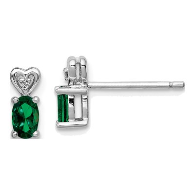 Sterling Silver Oval Lab-Created Emerald & Diamond Girls' Heart Stud Earrings
