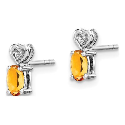 Sterling Silver Oval Citrine & Diamond Heart Stud Earrings – view 3