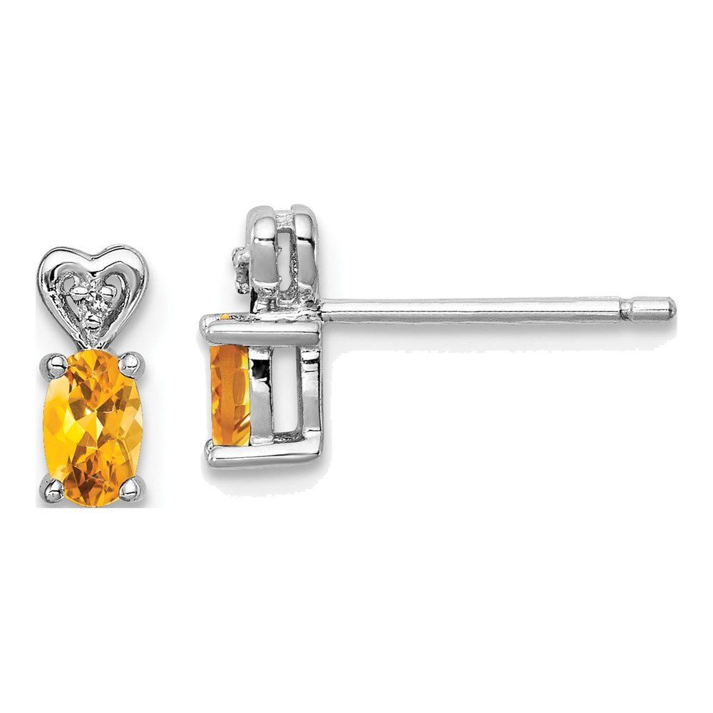 Sterling Silver Oval Citrine & Diamond Heart Stud Earrings