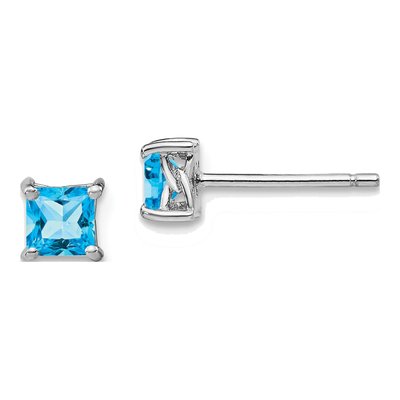 Sterling Silver 4mm Princess Swiss Blue Topaz Stud Earrings