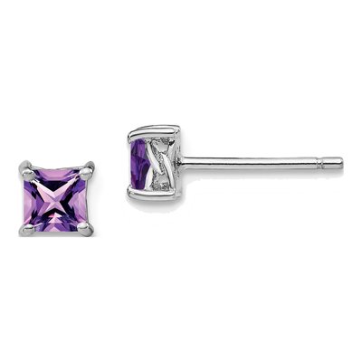 Sterling Silver 4mm Amethyst Princess Stud Earrings