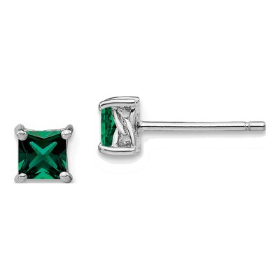 Sterling Silver 4mm Lab-Created Emerald Princess Stud Earrings